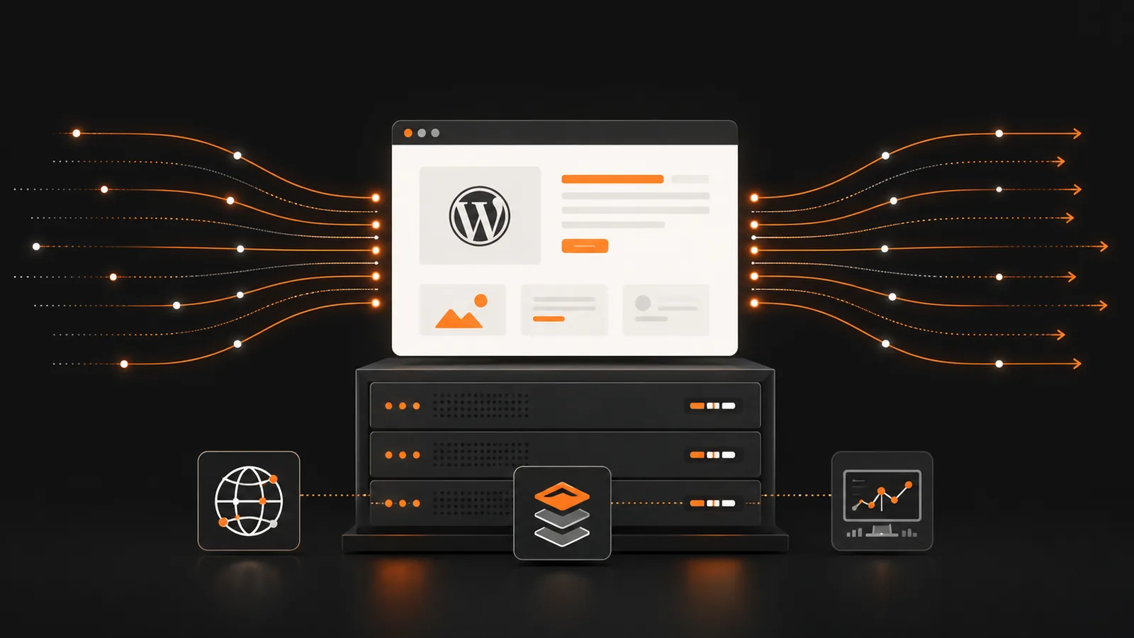 Ilustração de infraestrutura WordPress preparada para tráfego alto, com servidor, cache e monitoramento